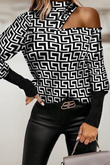 Camiseta elegante com estampa geométrica e decote assimétrico Venitya, preta