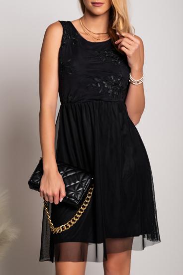 Vestido elegante com decote redondo e detalhe bordado Dilana, preto