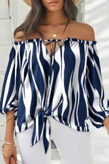Blusa folgada com decote em barco com nó decorativo Inessa, azul e branco