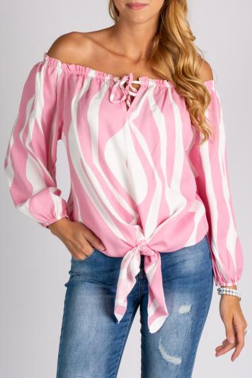 Blusa folgada com decote em barco com nó decorativo Inessa, branco e rosa