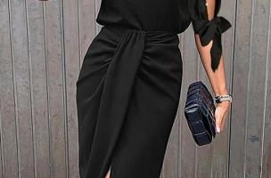 Vestido midi elegante com decote redondo, mangas 3/4 com abertura e detalhe pérola Peppina, preto
