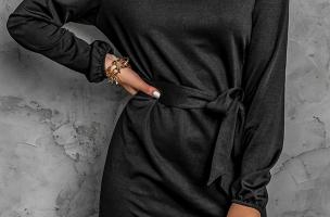 Mini vestido elegante com mangas soltas e fita decorativa Ortona, preta