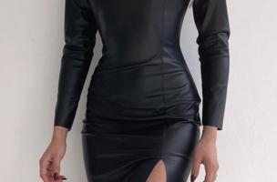 Mini vestido elegante de couro artificial com abertura Urania, preto