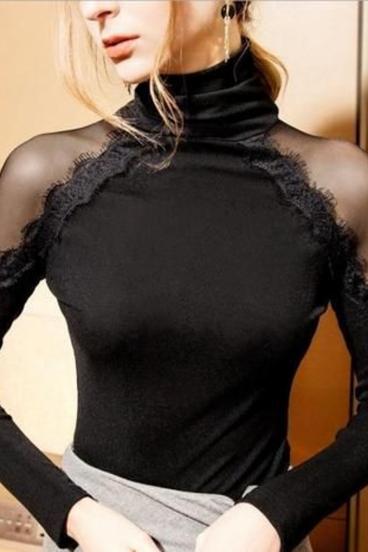 Camiseta elegante com gola alta e mangas com inserções em tecido transparente Begonya, preto