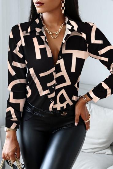 Blusa elegante confeccionada em imitação de cetim com estampa de letras Medelina, preta