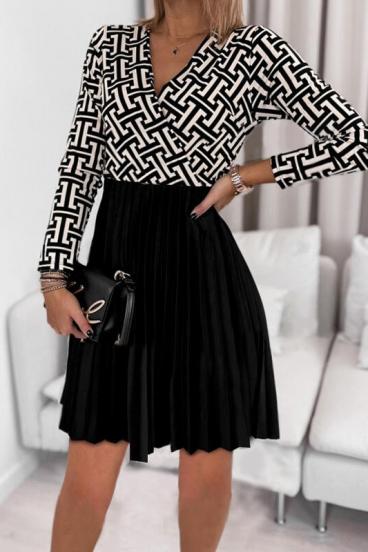 Mini vestido elegante com saia plissada e estampa geométrica Leonessa, preto