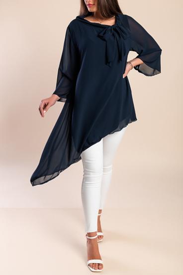 Elegante túnica translúcida com laço decorativo Ginette, azul escuro