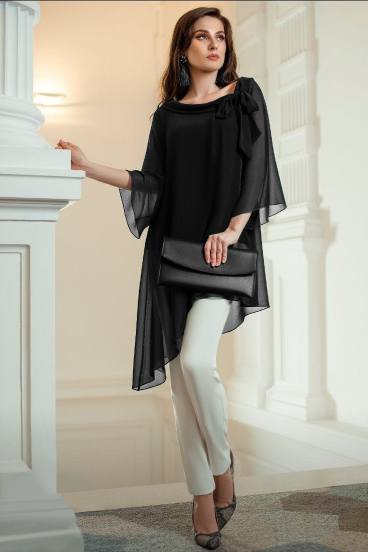 Elegante túnica translúcida com laço decorativo Ginette, preto