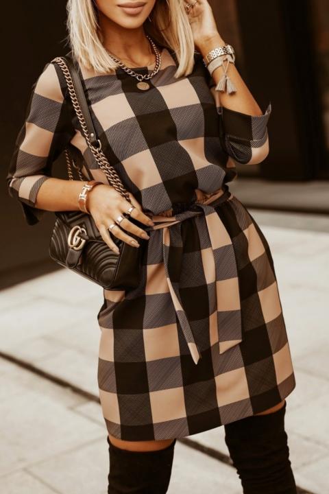 Mini vestido com mangas 3/4 e padrão xadrez Mallaga, marrom