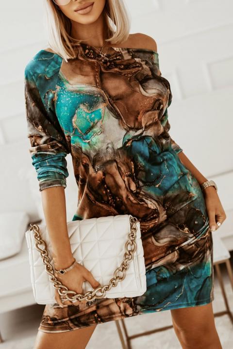 Mini vestido justo com estampa da moda e mangas compridas Dominga, marrom-azul