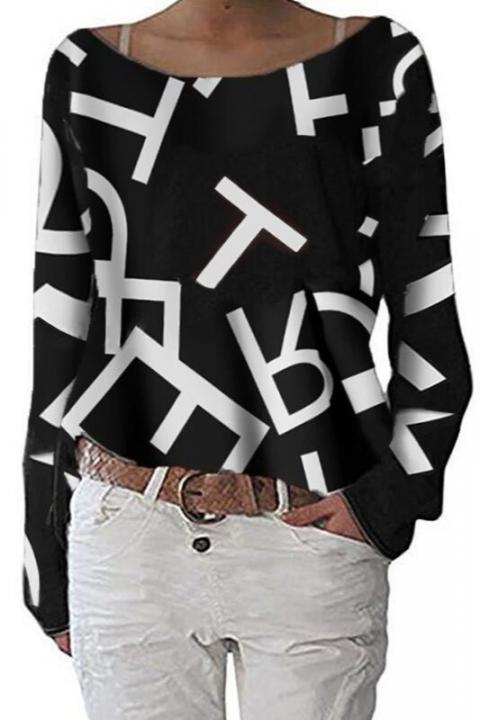 Blusa elegante com manga comprida e estampa de letras Osmana, preta