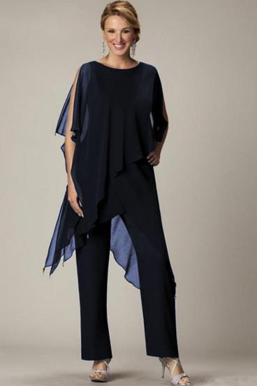 Conjunto de elegante túnica translúcida e calça comprida Claudette, azul escuro