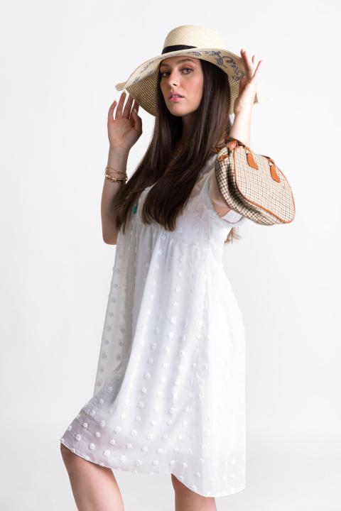 Mini vestido elegante de manga curta com padrão de bolinhas Amilla, branco