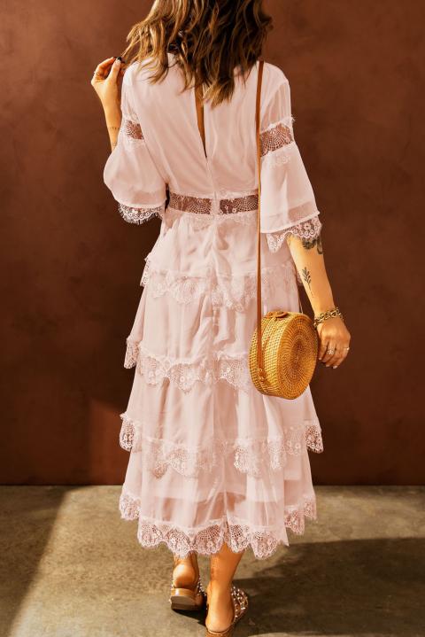 Vestido midi elegante com detalhes em renda transparente Tiziana, rosa