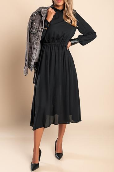 Elegante vestido midi com inserções de couro artificial Plana, preto