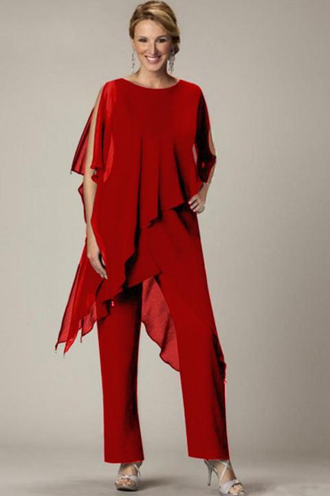 Conjunto de túnica transparente elegante e calça comprida Claudette, vermelha