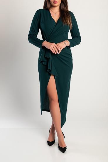 Elegante vestido midi com decote transparente, folhos e mangas 3/4 Brynlee, verde escuro