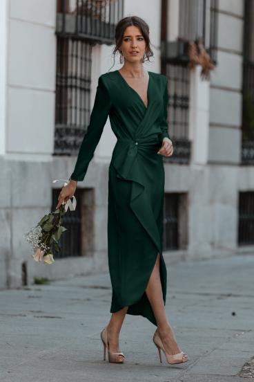 Elegante vestido midi com decote transparente, folhos e mangas 3/4 Brynlee, verde escuro