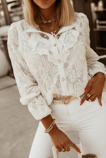 Elegante blusa de manga comprida com bordados e babados, LAROYA, branca