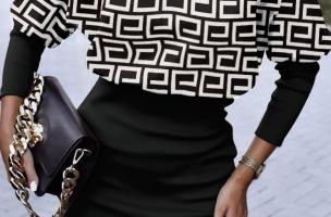 Mini vestido manga longa com estampa geométrica Lenta, preto e branco