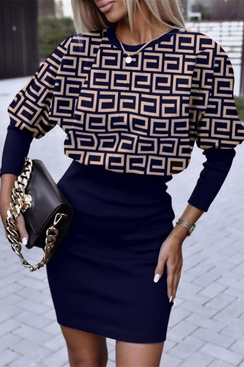 Mini vestido de manga comprida com estampa geométrica LENTA, azul escuro