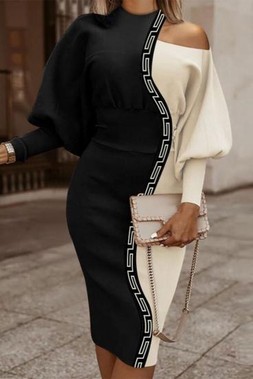 Elegante vestido midi com estampa geométrica, preto e bege