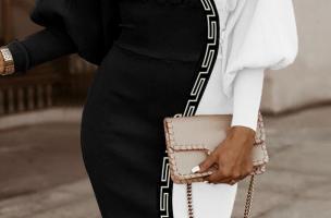 Elegante vestido midi com estampa geométrica, preto e branco