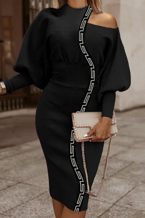 Elegante vestido midi com estampa geométrica, preto