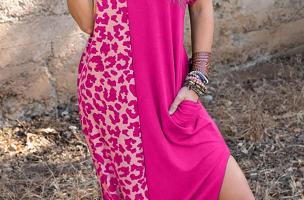 Vestido maxi elegante com estampado de leopardo, rosa