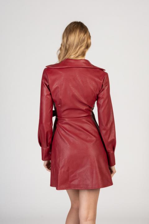 Mini vestido elegante de pele sintética com gola de lapela Pellita, vermelho