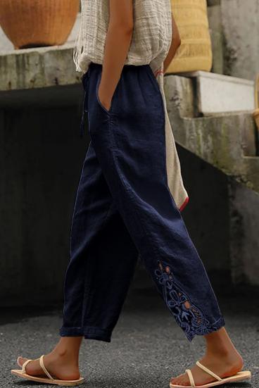 Calça elegante de algodão com acabamento em renda, azul escuro