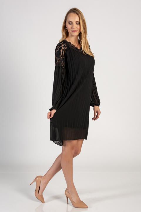 Mini vestido elegante plissado com mangas compridas soltas e inserções em renda Cremona, preto