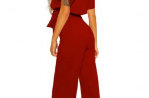 Macacão fashion com calça comprida larga e manga curta Nelia, vermelho