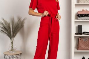 Macacão fashion com calça comprida larga e manga curta Nelia, vermelho