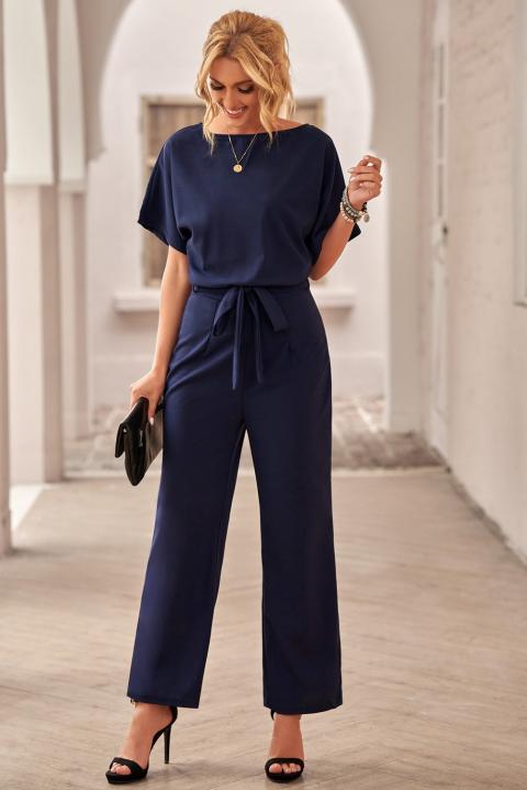 Macacão fashion com calça comprida larga e manga curta Nelia, azul escuro