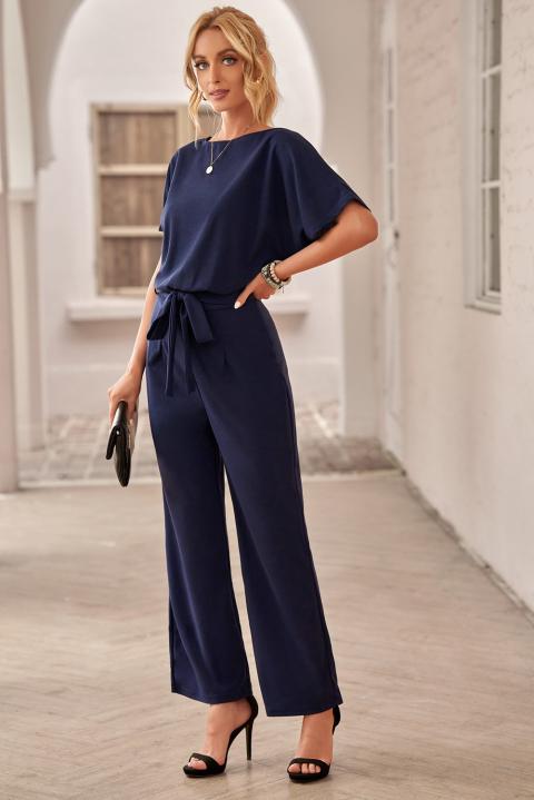Macacão fashion com calça comprida larga e manga curta Nelia, azul escuro
