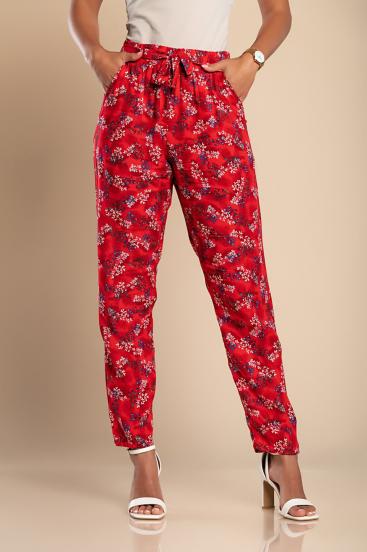 Calças compridas de algodão com estampado floral, vermelho
