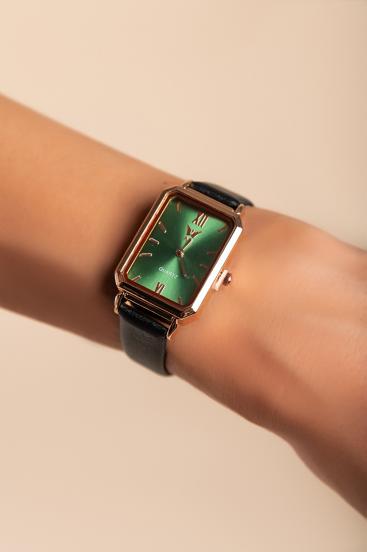 Relógio elegante com pulseira em couro sintético, preto.