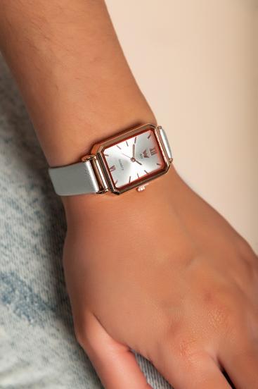 Relógio elegante com pulseira de couro sintético, cinza claro