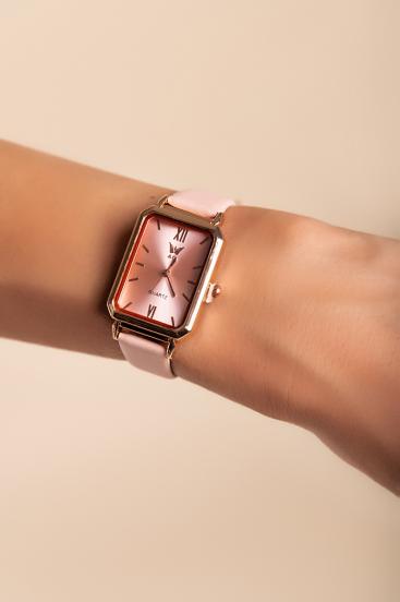 Relógio elegante com pulseira de couro sintético, rosa claro