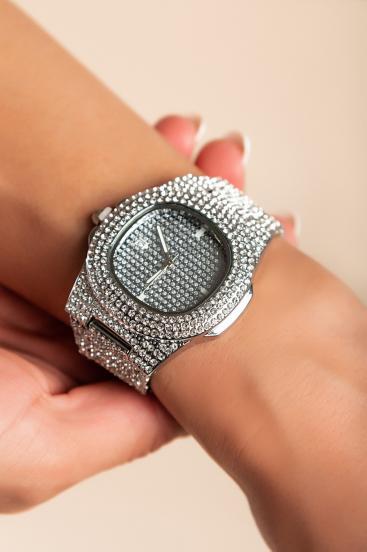 Elegante relógio de strass, cor prata