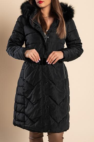 Jaqueta longa de inverno acolchoada com capuz plus size, preta