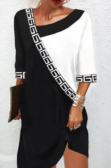 Vestido elegante com estampa geométrica, preto e branco