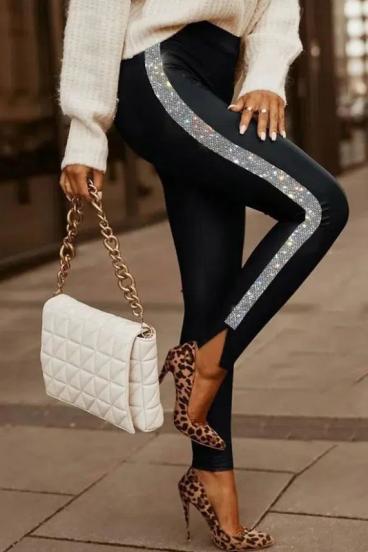 Leggings elegantes de couro sintético Margaretta, preto e prata