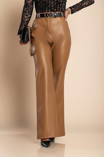 Calças longas elegantes de couro sintético, camelo