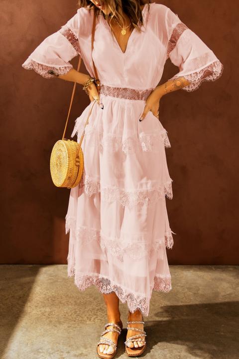 Vestido midi elegante com detalhes em renda transparente Tiziana, rosa