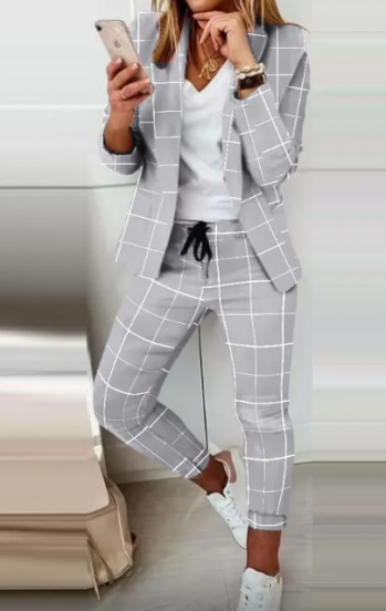 Conjunto de calças com blazer elegante com estampa Estrena, cinza claro - xadrez