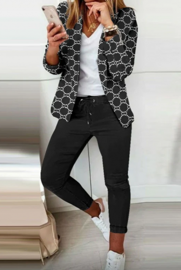 Conjunto de calças com blazer elegante com estampa Estrena, preto/branco