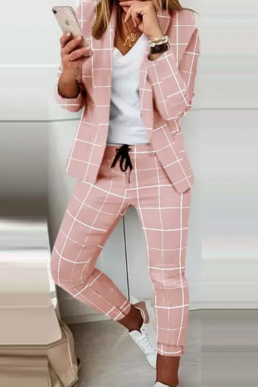 Conjunto de calças com blazer elegante com estampa Estrena, rosa claro - xadrez