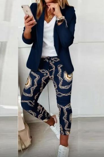 Conjunto elegante de blazer e calça com estampado Estrena, azul escuro/estampa